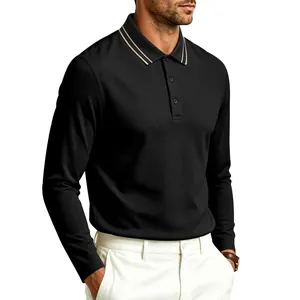 Business Casual Polohemd in Schwarz mit langen Ärmeln und gestreiftem Kragen