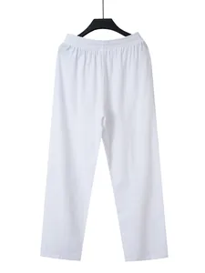 White cotton linen men's casual trousers with elastic waist and straight-leg fit