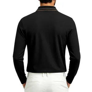 Rückansicht eines schwarzen langärmeligen Piqué-Poloshirts für Herren im Business-Casual-Stil