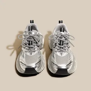 Zapatillas deportivas plateadas de malla para niña, estilo chunky dad shoes 2025
