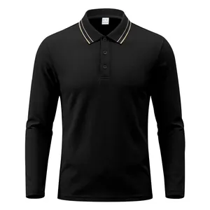 Detailansicht des schwarzen Langarm-Poloshirts aus Piqué mit gestreiftem Kragen und drei Knöpfen