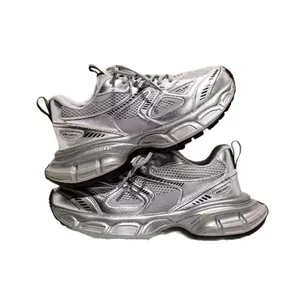 Zapatillas deportivas plateadas para niñas con malla transpirable y suelas gruesas