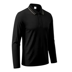 Vorderansicht eines schwarzen Langarm-Poloshirts für Herren mit gestreiftem Kragendetail
