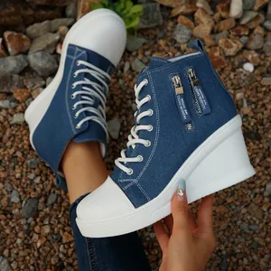 Damen High Top Keilabsatz Stoffschuhe Höhenzunahme Denim Plattform Sneakers Doppelte Seitliche Reißverschlüsse Mode Lässig Damen Schuhe