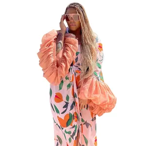 Élégant cache-maillot de plage floral avec manches bouffantes à volants et imprimé botanique