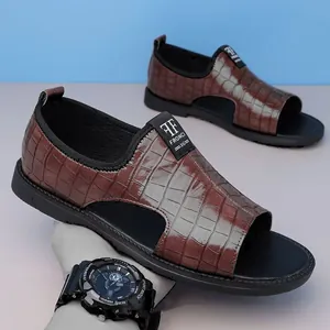 Men Roman Sandals Summer Embossed Crocodile Pattern Open Toe Beach Shoes Casual Microfiber Leather Fashion Sandals