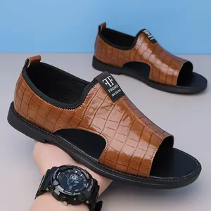Stylish brown embossed men's Roman sandals with open-toe design for summer beach