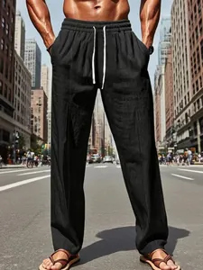 Casual black men's cotton linen trousers with drawstring waist and straight leg design