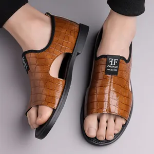 Stylish men's brown crocodile embossed Roman sandals with an open toe design for beach