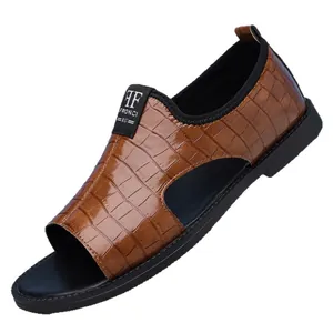 Men's stylish Roman sandals with brown crocodile embossed leather and peep-toe design
