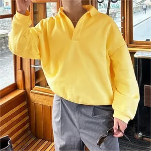 Sudadera polo clásica amarilla oversize para hombre con cuello en V y manga larga para otoño