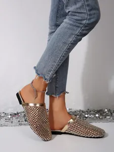 Sparkly gold rhinestone encrusted flat mule sandals for women elegant summer footwear