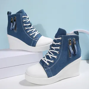 Blaue Denim-High-Top-Keilabsatz-Sneaker aus Canvas mit seitlichem Reißverschluss