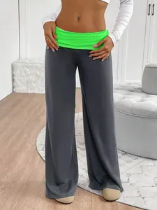 High-waisted gray wide-leg yoga pants with a vibrant fluorescent green waistband.