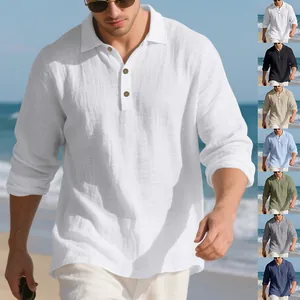 Detail of mens linen polo shirt with wood buttons and multi-color variant options