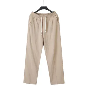 Comfortable men's cotton linen straight leg pants with elastic drawstring waist