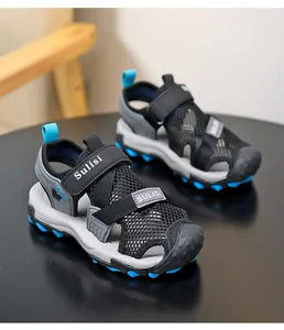 Close-up detail of breathable mesh kids sport sandals featuring Sulisi strap branding