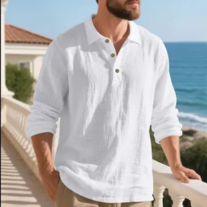 Detailed view of white linen long-sleeve polo shirt with textured fabric for men