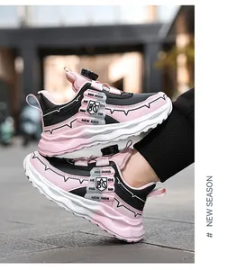 Pink and black breathable mesh kids sneakers featuring a convenient rotating buckle