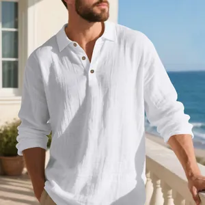Men's white long-sleeve linen polo shirt in casual relaxed fit, outdoor balcony view