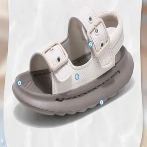 Detail view of breathable kids' beach sandals with adjustable straps and soft sole.