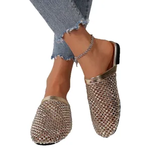 Sparkly women's rhinestone hollow flat mules with round toe for summer fashion