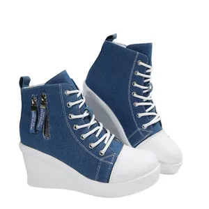 Stylische High-Top Keilabsatz-Stoffschuhe aus blauem Denim mit weißer Plateausohle für Damen