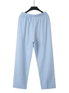 Premium light blue cotton-linen men's casual pants with elastic waist straight cut
