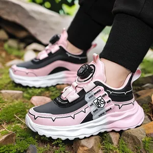 Breathable children's sports shoes with pink rotary buckle closure for boys and girls