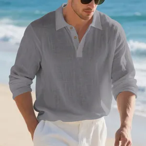 Detailed view of men's casual grey linen long sleeve polo shirt with wooden buttons