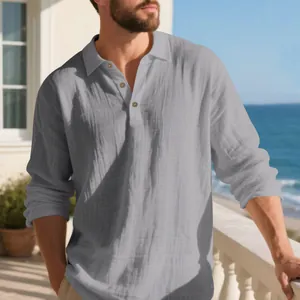 Breathable grey long sleeve linen polo shirt for men featuring a classic buttoned collar