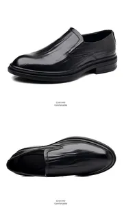 Side and top views of black slip-on leather shoes for men's business casual wear