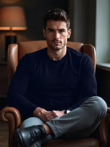 Close-up detail of a men's navy blue slim fit long-sleeve cotton crew neck T-shirt
