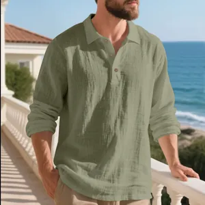 Loose fit men's linen long sleeve polo shirt in sage green for casual business wear
