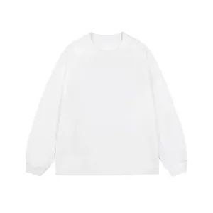 Macro view of plain white men's long-sleeve cotton t-shirt with crew neck design