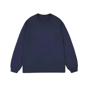 Close-up of a plain navy blue long-sleeved sweatshirt showing fabric and neckline
