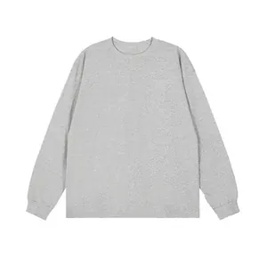 Detailed front view of a classic men's long-sleeve gray T-shirt with a crew neck design