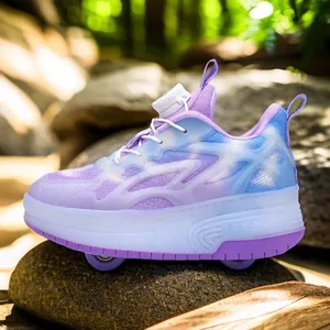 Chaussures à Roulettes pour Enfants Double Roues Garçons Filles Tissu Respirant Boucle Rotative Adolescents Baskets de Patinage LED