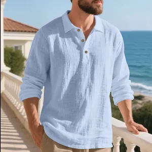Breathable men's loose linen long-sleeved polo shirt in light blue for casual wear
