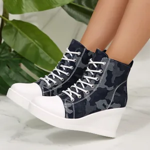 Side view detail of women's camouflage canvas wedge sneakers with white thick sole
