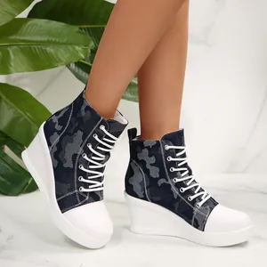 Women Wedge High Top Canvas Shoes Navy Blue Camouflage Pattern Platform Sneakers Casual Height Increasing Vulcanized Shoes