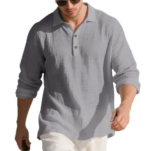 Men's loose fit linen long sleeve polo shirt in grey for casual business wear