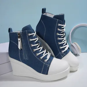 Fashionable blue denim high-top wedge sneakers for women with white platform soles