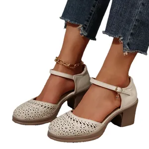Elegant women's off-white chunky heel work shoes with floral hollow-out design