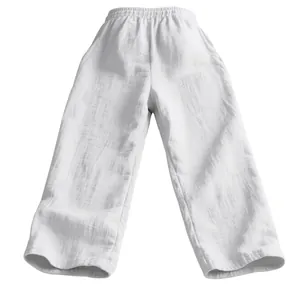 Front view of white loose-fitting linen trousers featuring an elastic waistband