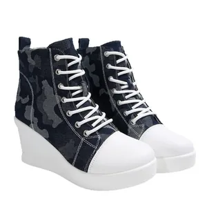 Fashionable women's camouflage high-top wedge canvas sneakers with thick platform sole