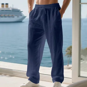 Relaxed fit navy blue linen trousers for men, perfect for casual resort and beach wear