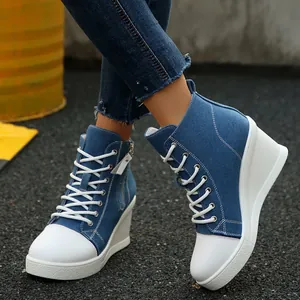 Women High Top Platform Wedge Sneakers Denim Canvas Shoes Side Zipper Lace-up Heightening Casual Fashion Walking Shoes
