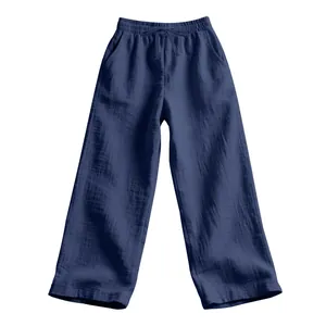 Detailed view of navy blue men's relaxed fit linen trousers with drawstring waist.