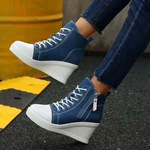 Women's denim high-top wedge sneakers with platform sole and side zipper closure